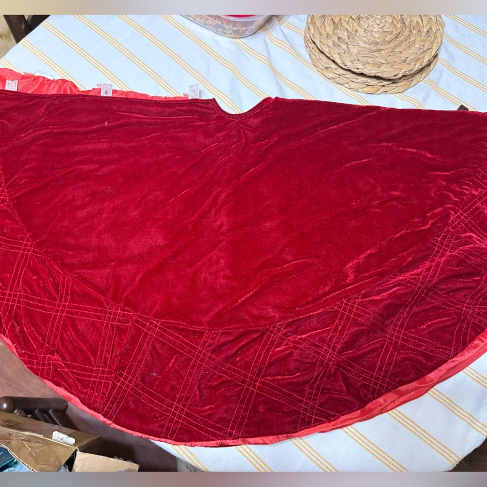 Elegant Red Velvet Christmas tree Skirt, one stocking and Santa hat 🎁
